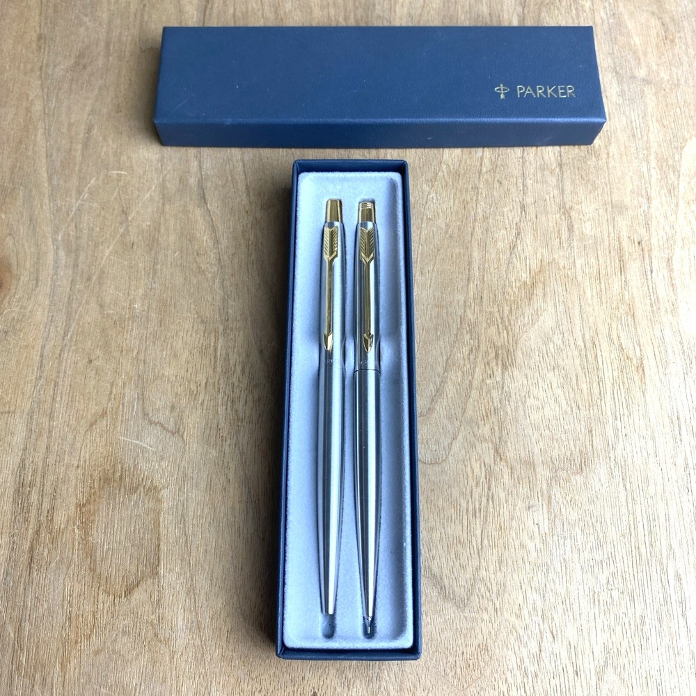 VINTAGE Parker Classic Stainless Steel/Gold GT Ballpoint Pen/Pencil Set
